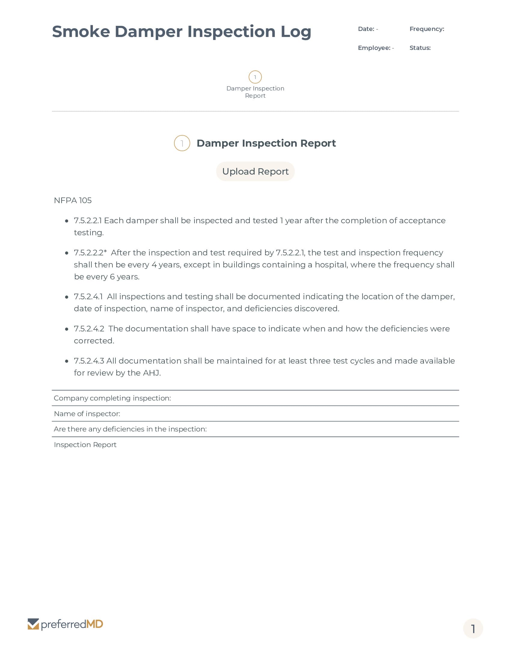 Smoke Damper Inspection Log template PDF