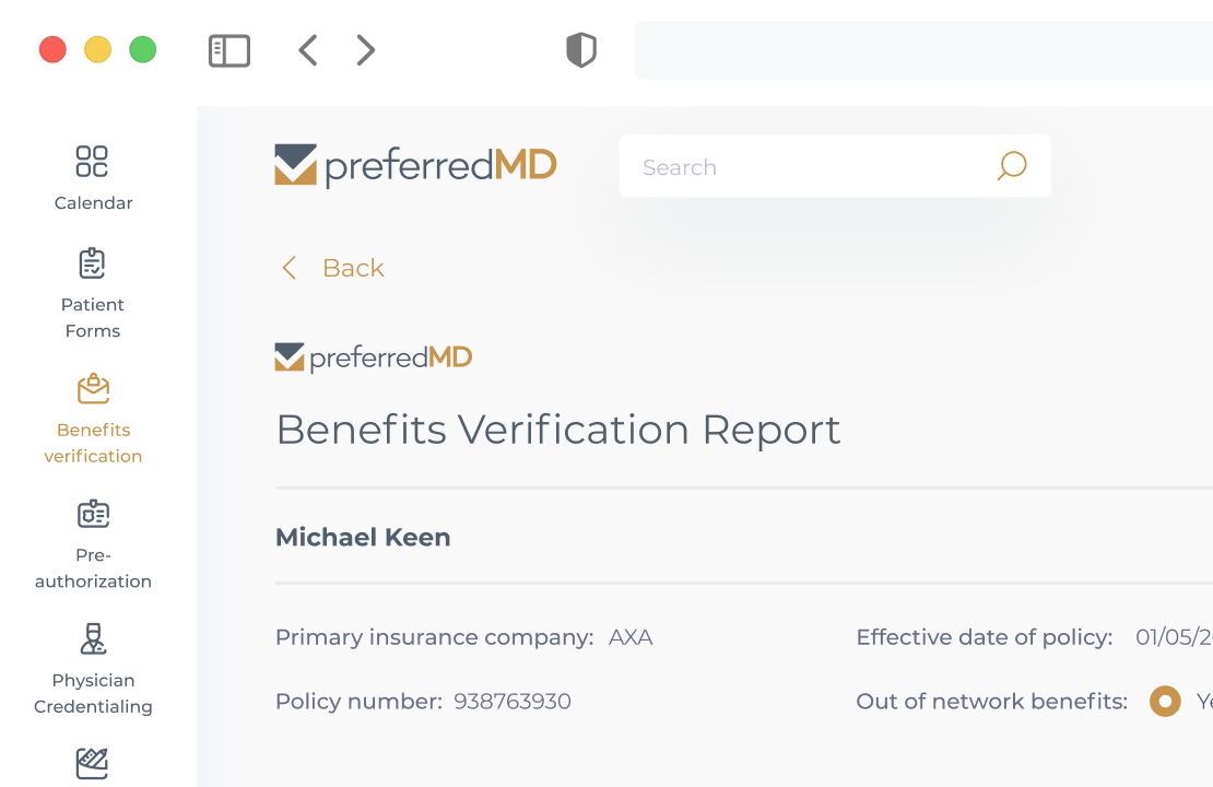 Reduce costs by automating benefits verifications on the platform. PreferredMD callers will check the out-of-network benefits. This built in feature is available for all users at a low cost price of $12.95 per request. No setup or onboarding fees, no minimums required.